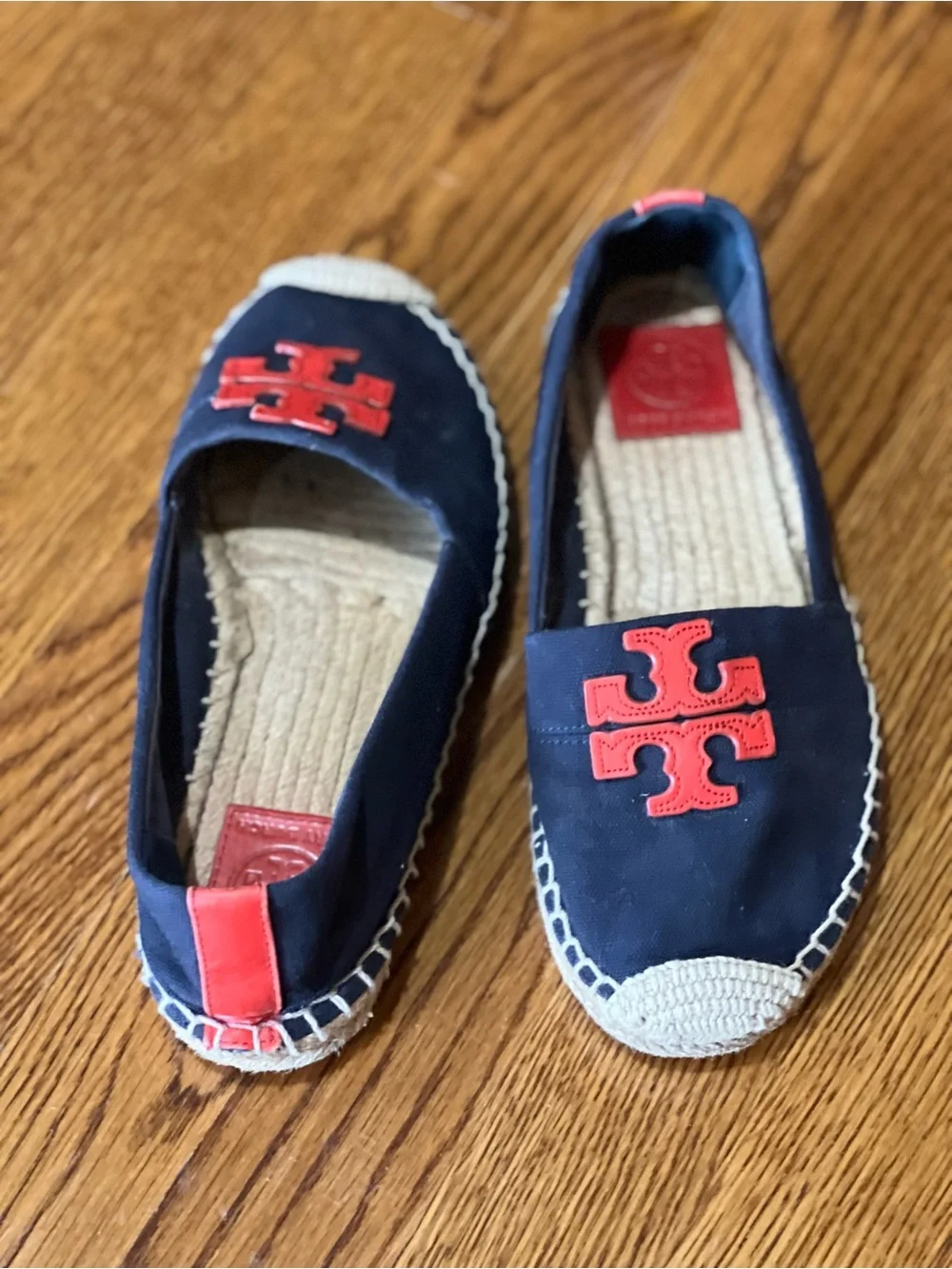 Tory Burch Weston Flat Espadrille Navy Canvas Red Logo Slip On Shoes